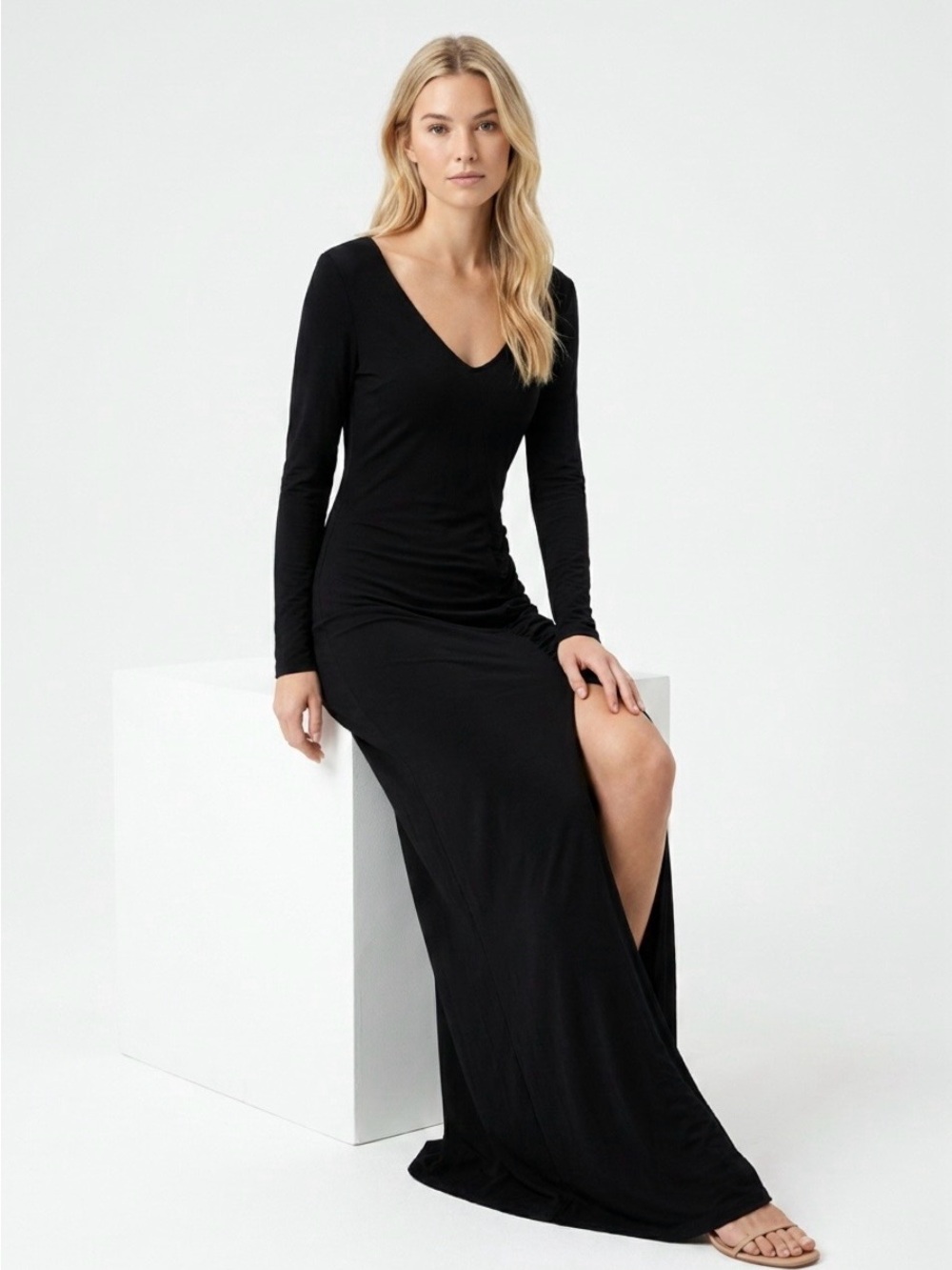SHEIN Black Long-Sleeve V-Neck Maxi Dress with Side Slit